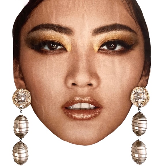 earrings vintage 3.5" long big pearls embellished engraved statement costume - Picture 1 of 9